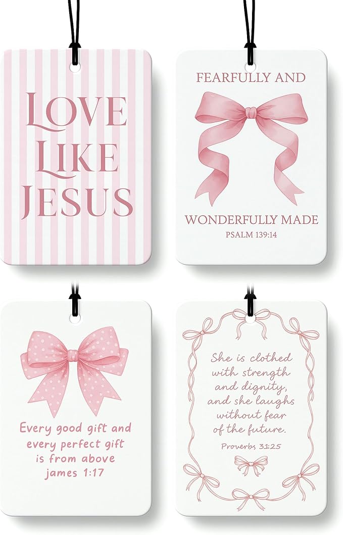 Coquette Pink Christian Car Air Freshener 4 Pcs Coconut Scented, Faith Based Girly Car Accessories Mirror Decor for Women, Religious Hanging Air Freshener for Cars Closet Drawer Books