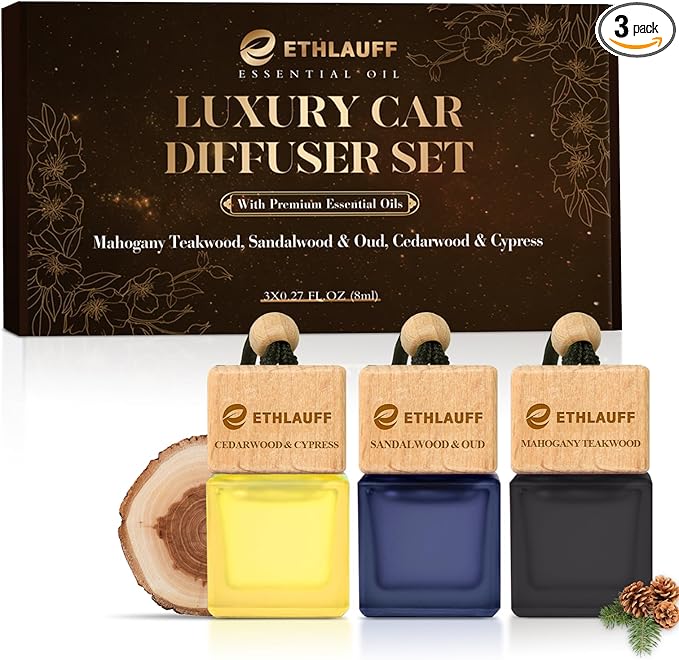 Car Air Freshener Hanging, 3 Pcs Teakwood Mahogany, Sandalwood & Oud, Cedarwood & Cypress, Wooden Scent Air Fresheners Diffuser for Car, 45+ days Long Lasting Fragrance, 0.27 FL OZ/8ML