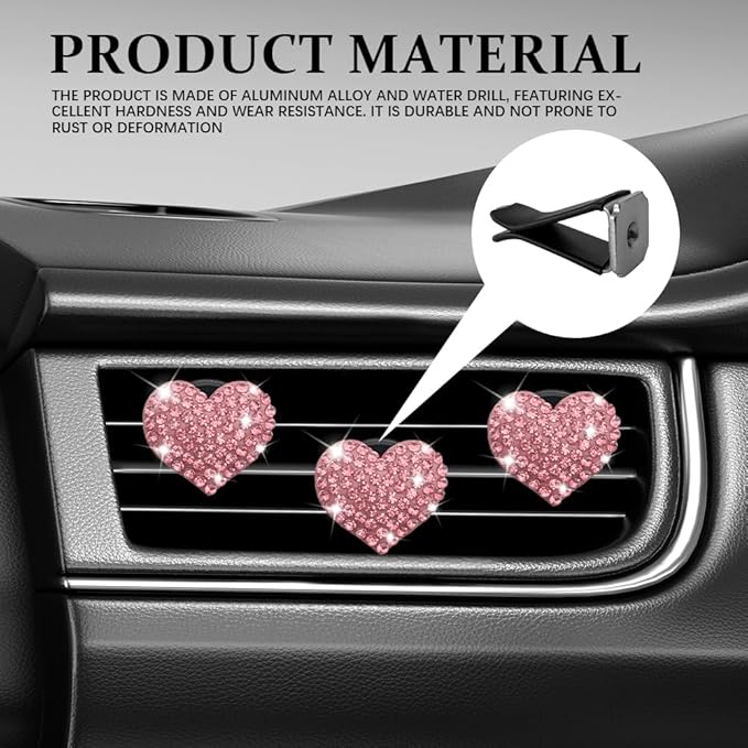 4PCS Heart-Shaped Car Vent Clip with Rhinestone, Vent Clip Car Accessories, Sparkly Rhinestone Bling Diamond Freshener Holder, Air Conditioning Outlet Ornament for Women Girls (Pink, Style1)
