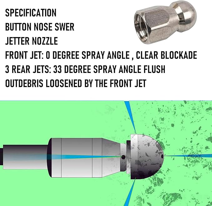 Hourleey Sewer Jetter Kit for Pressure Washer 150FT, 4000 PSI Drain Cleaner Hose 1/4 Inch NPT, Corner Rotating and Button Hose Sewer Jetting Nozzle Pearl Corsage Pin Tape Handle Strap Spanner, Green