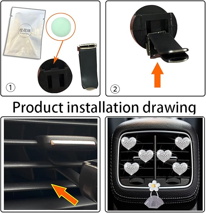 Bling Heart Air Vent Clips, 6 Pcs Silver Heart Cars Air Fresheners Vent Clips Car Diffuser Vent Clip Diamond Car Decoration Cars Interior Decor Cute Car Accessories for Women Girls + Flower Mask Hook
