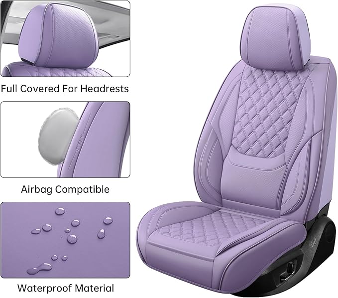 Car Seat Covers Full Set Purple, Luxury Faux Leather Waterproof Non-Slip Women Seat Protector Universal Fit for Most Cars SUVs Trucks Pick-ups,Car Interior Accessories(Purple-Full Set)
