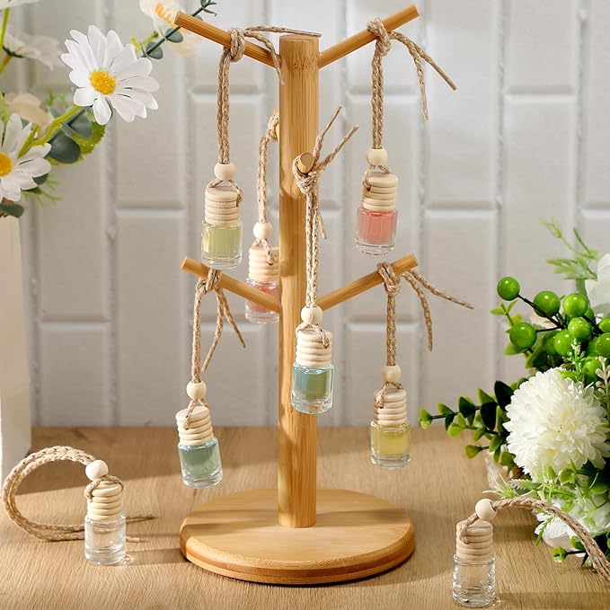 300 Pcs Car Diffuser Bottles with Wooden Cap 4.8ml Empty Glass Perfume Bottles Bulk Hanging Clear Car Diffuser Fragrance Holder Air Fresheners for Aromatherapy(Cylinder)