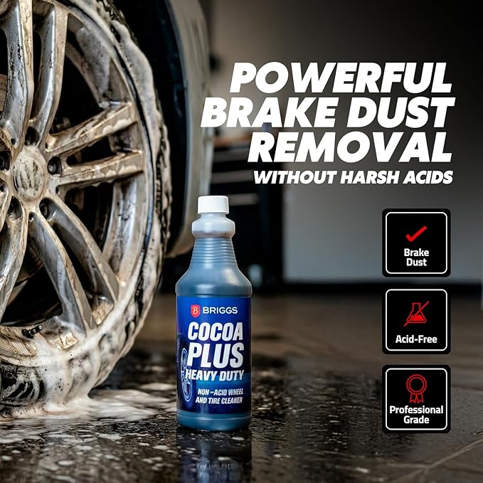 Wheel and Tire Cleaner – Acid Free, Concentrated 6:1 Rim Cleaner Spray – Professional Brake Dust Remover – Briggs Cocoa Plus, Safe for Chrome, Painted & Alloy Wheels – 128oz