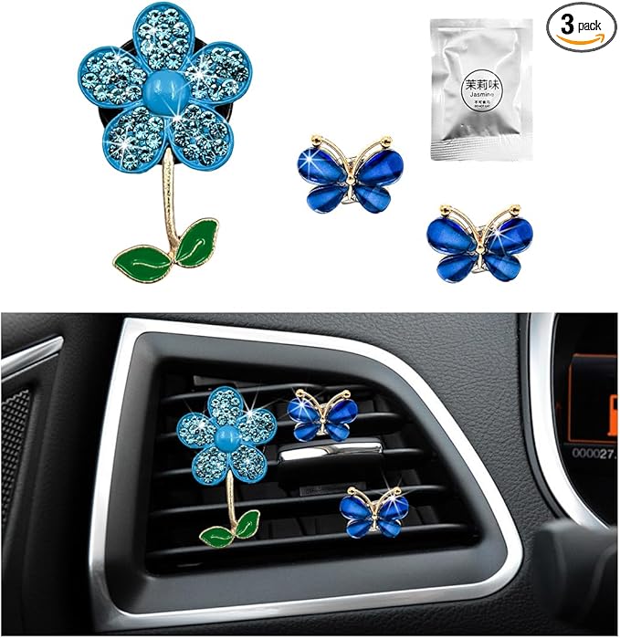 3 PCS Bling Car Air Vent Clips, Rhinestone Daisy Butterfly Air Freshener Outlet Diffuser Clip, Cute Auto Air Conditioning Clip Charm for Women Girls, Decor Car Accessories (Blue)