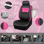 CAR PASS Universal Leather Pink Lace Car Seat Covers Full Set for Women Girls, Waterproof Car Floor Mats Carpet, Steering Wheel Cover for Car Accessories Interior Sets 10PCS Included