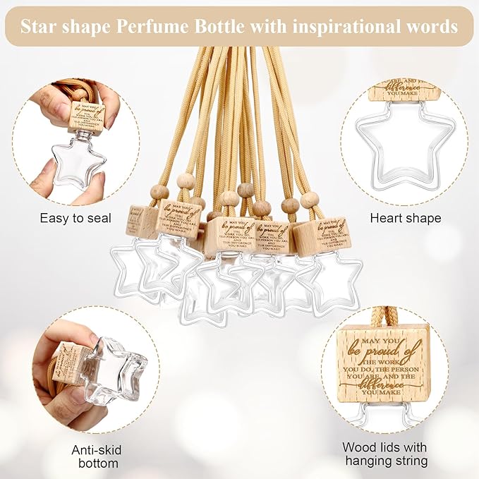 24 Pcs Star Shaped Car Fragrance Diffuser Bottle Bulk - Appreciation Gifts Set Hanging Glass Diffusers with Inspirational Message for Coworker Teacher Staff Thank You Gift (Be Proud of)