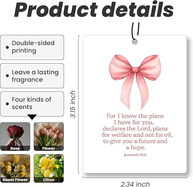 Coquette Pink Floral Christian Car Air Freshener 4 Pcs - Girly Pink Bow Religious Hanging Air Freshener 4 Pcs for Cars Closet Drawer Books, Cute Christian Accessories Mirror Gifts for Women Girls