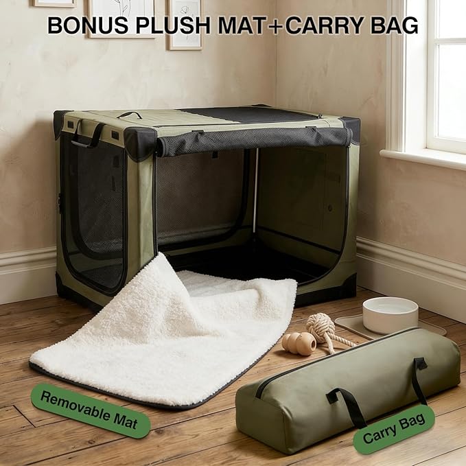33" L x 25" W x 25" H Collapsible Travel Dog Crate, Portable Soft Dog Kennel for Medium Large Dogs up to 60 lbs, 4-Door Foldable Travel Crate with Durable Mesh & Storage BagGreen
