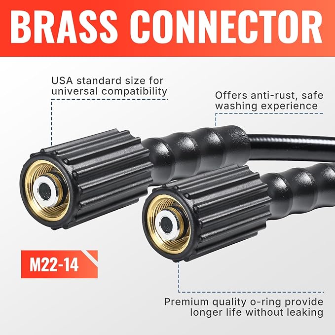 YAMATIC Pressure Washer Hose 25FT 1/4" M22 Kink Resistant Power Washer Hose Replacement for Ryobi, Troy Bilt, Greenworks, CRAFTSMAN Most Brand Power Washer with 3/8" Quick Connect Adapter, 3200 PSI