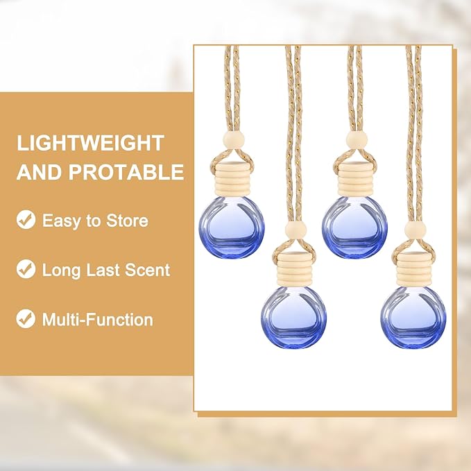 uxcell 8pcs Hanging Car Air Freshener Perfume Bottle, 10ml Pendant Empty Clear/Deep Blue Glass Essential Oil Aromatherapy Diffuser with Wooden Cap for Car Decor (Clear/Deep Blue, Round)