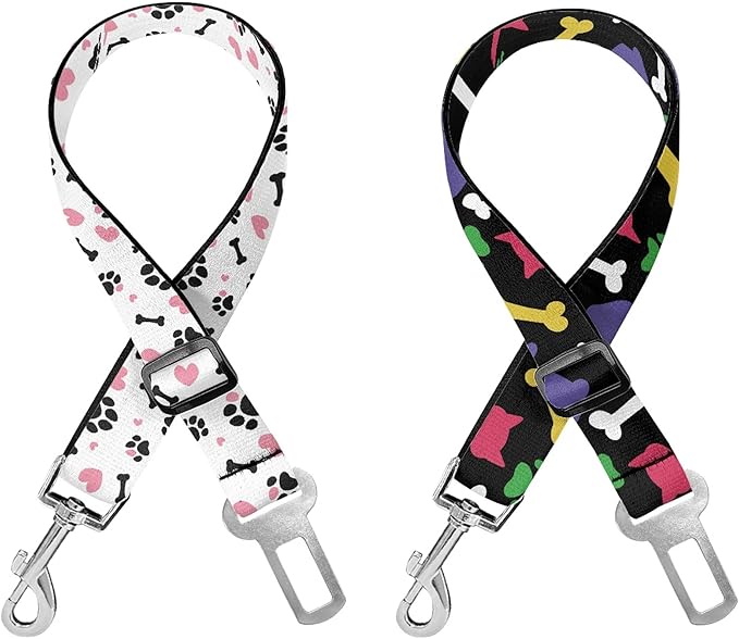 Cute Design 2-Pack Set Adjustable Pet Cat Dog Car Seat Belt, Adjustable Buckle Pet Car Harness Fabric Lanyard from 22 to 38 Inches Seatbelt Leash (Daliy Dog-Two Piece in one Set)