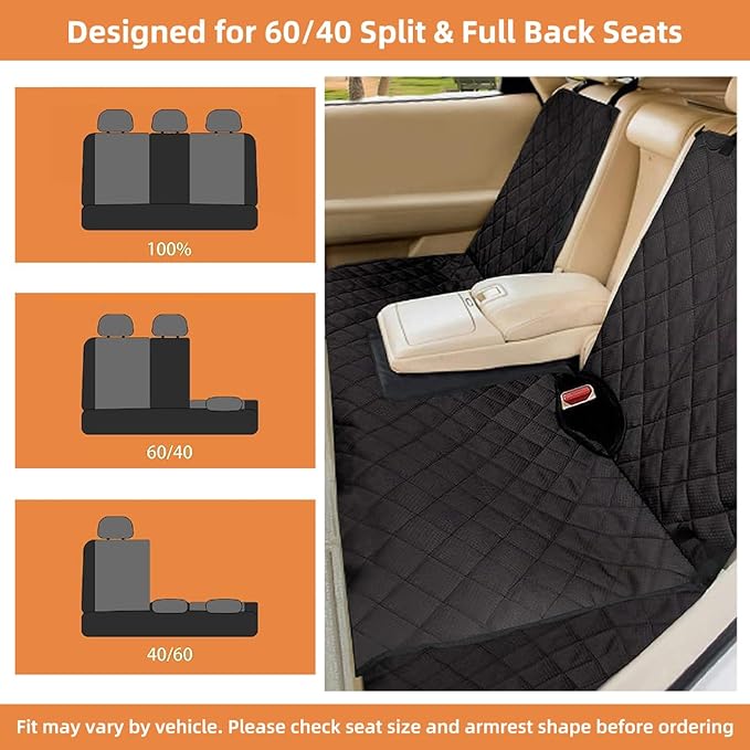 Dog Car Seat Cover for Back Seat, Waterproof Bench Backseat Protector, Nonslip Rear Seat Cover for Kids & Pets, Compatible with Middle Armrests, Fits Most Cars & Midsize SUVs