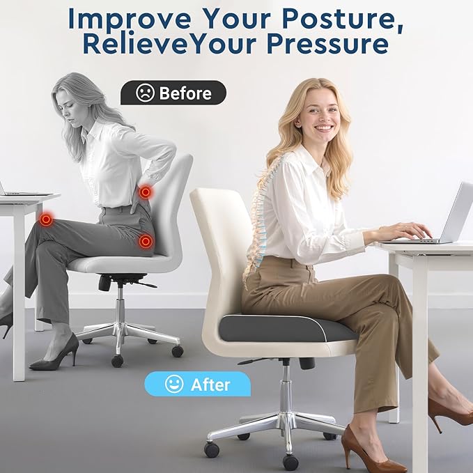 Seat Cushion, Memory Foam Office Chair Cushions for Long Sitting Hours, Chair Pad for Sciatica, Coccyx, Tailbone, Hip Pain & Pressure Relief, Office, Home, Car Seats, Airplane, Gray/Large