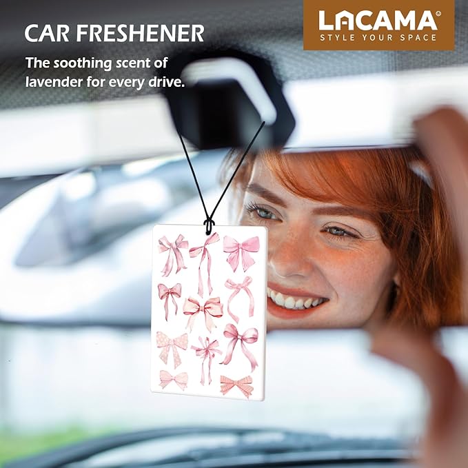 Lacama Pink Coquette Bow Car Air Freshener 3Pcs, Preppy Pink Bows Ace Card Cars Scents Air Freshener for Women Girls Gifts, Cute Girly Car Accessories Interior Mirror Decor Hanging