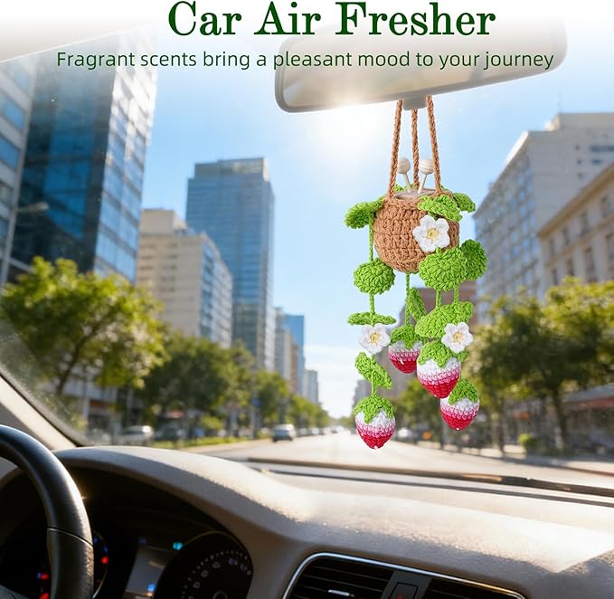 Crochet Car Air Freshener, 10ml Empty Refillable Oil Diffuser Bottle with Hanging Crochet Flower Strawberry Plant & Hanging Tools, Car Rearview Mirror Diffuser for Wall Art & Home & Office Decoration