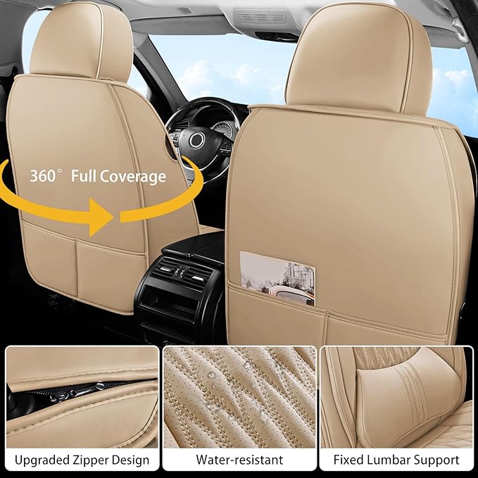 WELLDO Car Seat Covers Full Set, Leather Seat Covers for Car, Waterproof Car Seat Protector with Lumbar Support, Automotive Seat Covers Universal Fit for Most Cars SUV Truck, Beige-White