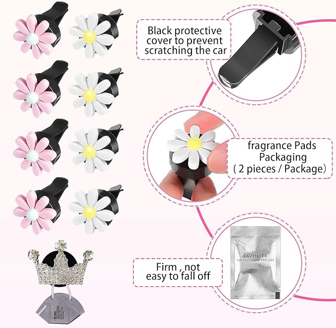 8 Pieces Daisy Car Accessories,Daisy Flower Air Vent Clips,Cute Car Air Fresheners,Dashboard Outlet Clip,Car Diffuser Vent Clip Car Decor Charms Car Interior Decoration for Women+Mask Hook(Pink & White)