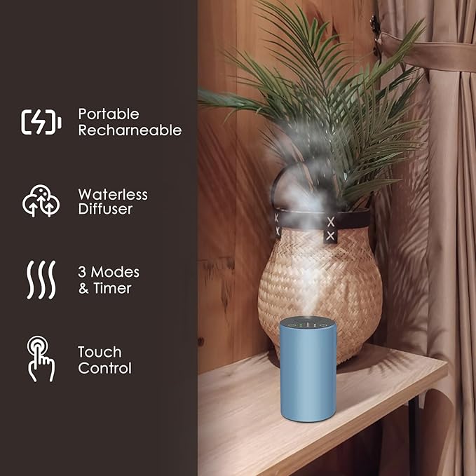 Waterless Essential Oil Diffuser, 7 Colors LED Light, Battery Powered Mini Scent Air Machine, Aromatherapy Mist Diffuser for Home Room Car Office (Blue)