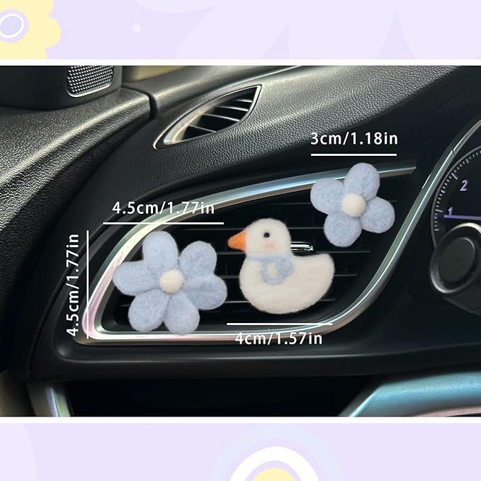 Cute Car Accessories,Duck Flower Air Vent Clips,Handmade Wool Felt Aroma Diffuser,Refillable Girly Car Air Freshener,3pcs White Blue Car Decor