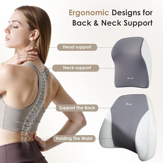FLORICH Upgraded 3-in-1 Memory Foam Car Seat Cushion Set with Lumbar Support & Neck Pillow, Washable Driving Seat Cushion for Back & Sciatica Pain Relief, Non-Slip Seat Cushion for Car, Office-Gray