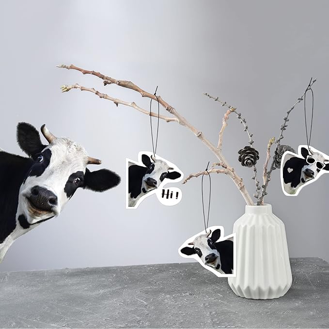 8 Pack Car Air Freshener Cattle Print Funny Cute Hanging Decorations Gift for Women Men, White Tea, Wild Bluebell, Vanilla, Ocean Scents, Black