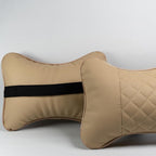 Set of 2 Quilted Faux Leather Car Headrest Pillow, Black Case/Black Threading, Ergonomic Neck Support for Comfortable Driving (Tan Base/Beige Thread)