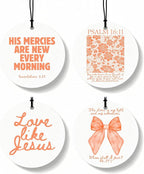Orange Christian Round Car Air Freshener 4 Pcs, Girly Orange Bow Floral Religious Hanging Air Freshener for Cars Closet Drawer Books, Cute Preppy Car Accessories Mirror Decor for Women