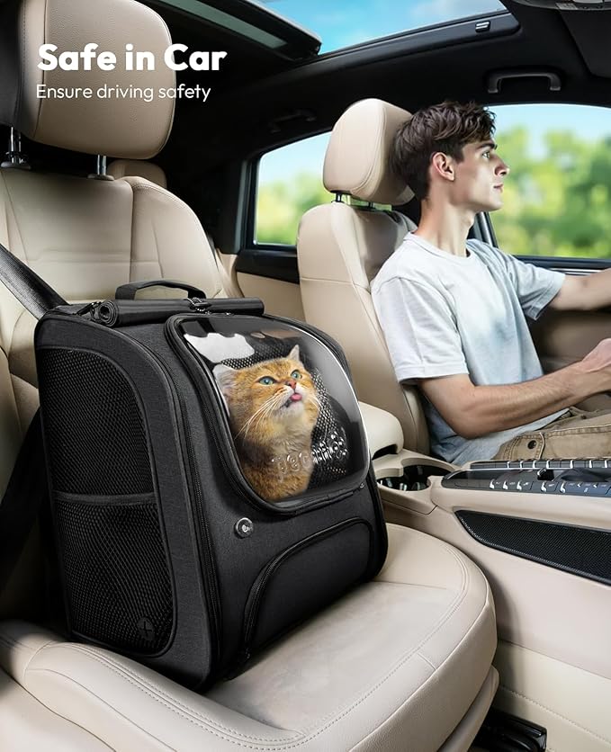 Pecute Cat Backpack Carrier, Large Space Cat Bubble Backpack, Breathable Cat Carrier, Shaded Dog Backpack Carrier, Ergonomic 3D Design for Travel, Hiking, Walk, Suitable for Shopping, Car, Vet, Black
