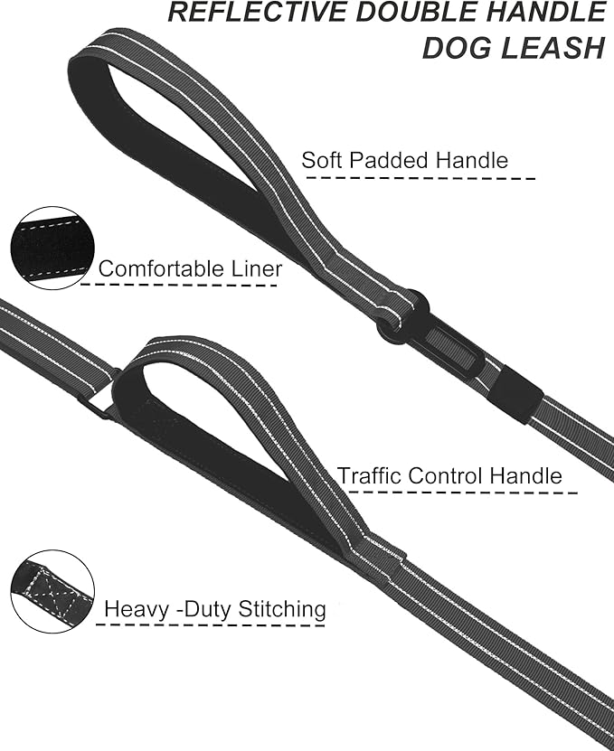 AUBELL Double Handle Tactical Dog Leash Heavy Duty for Small and Medium Large Dogs,Reflective Adjustable Nylon Leash that Pull with Car Seatbelt for Training,4.5-6FT,Black