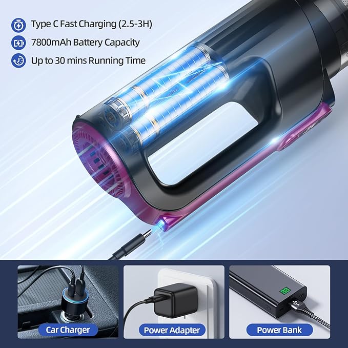 Cordless Handheld Vacuum Cleaner, 18000Pa 2 in 1 Car Vacuum Cleaner&Air Duster, 130W Brushless Motor with 7800mAh Battery, LED Light and Multi-Nozzles, Portable for Car, Home, Office, Pet