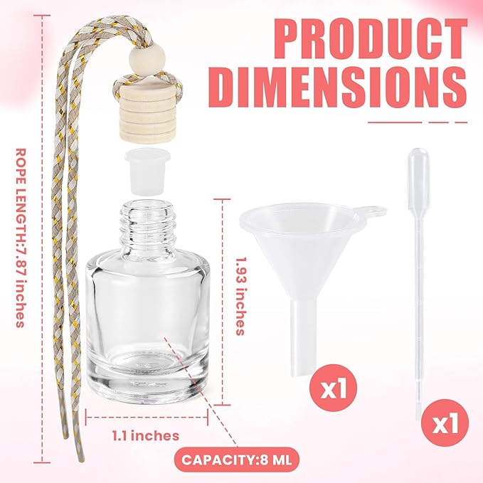 20 Pcs Car Diffuser Bottle Set with Wooden Caps,Dropper and Funnel, Empty Glass Car Air Freshener Bottle Bulk Hanging Essential Oil Fragrance Pendants for Car Decor，Can DIY Car Air Freshners Diffuser