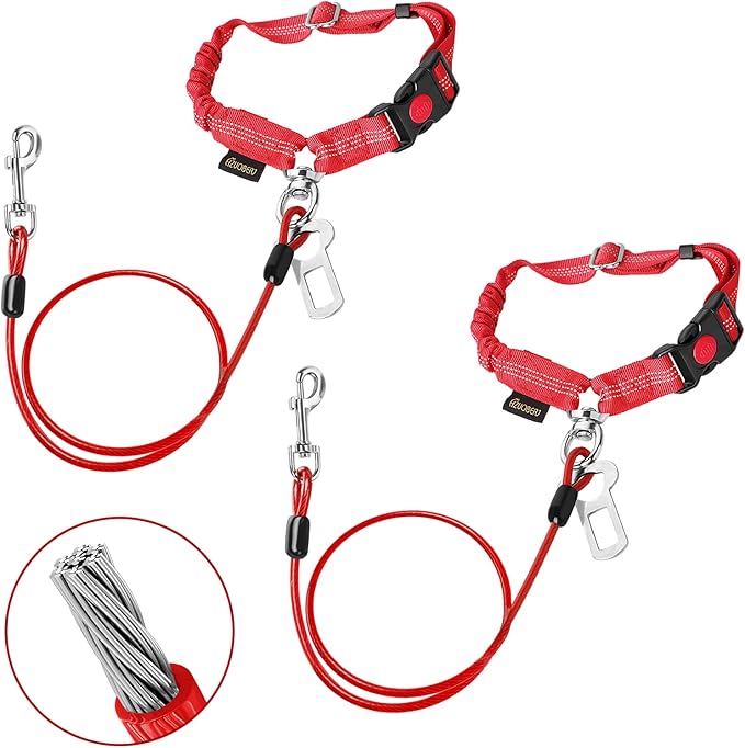 Chew Proof Dog Car Seat Belt, 2 in 1 Steel Cable Dog Car Accessories Headrest Restraint Dogs Car Seatbelt for Medium Large Dogs Chewer Heavy Duty Doggie Seatbelts for Cars Swivel Attach