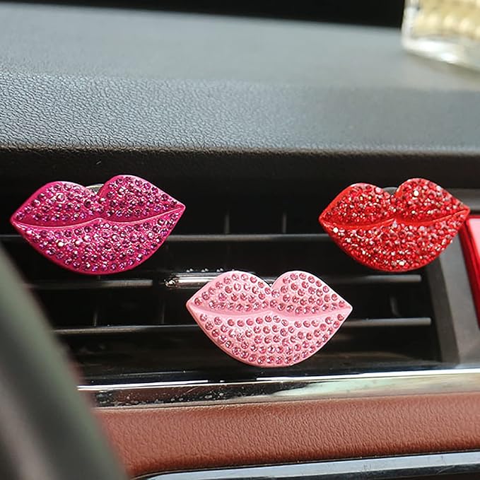2 Pieces Bling Sexy Lip Air Vent Clips Rhinestone Lipstick Car Air Freshener Clip Crystal Car Air Outlet Decorations Charm Car Inter Decor Accessories for Girls Women