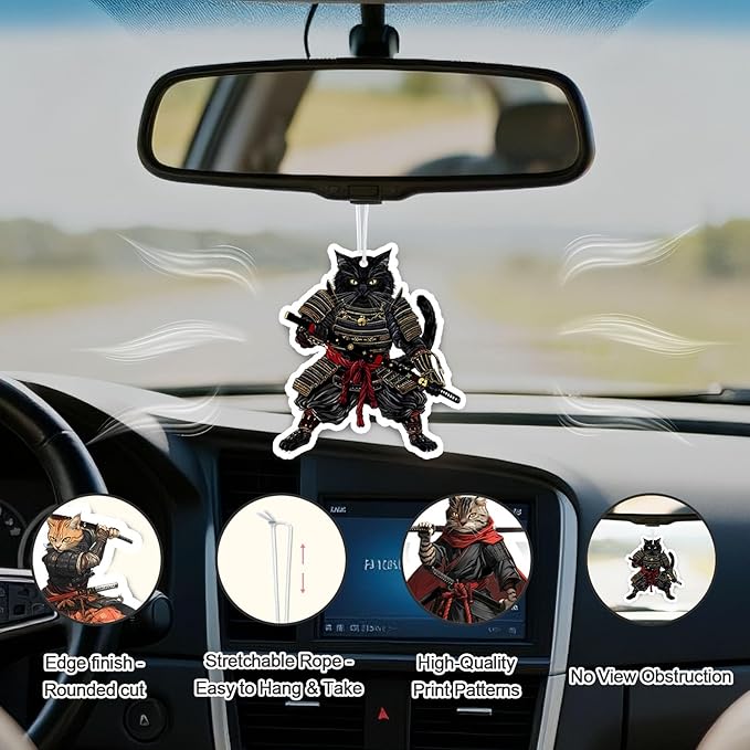Samurai Cat Car Air Fresheners,5-Pack Cologne Scents Cute Car Accessories,Funny Hanging Ornament Decor for Rearview Mirror,Long-Lasting Fresh Gifts for Women,Girls,Cat Lovers