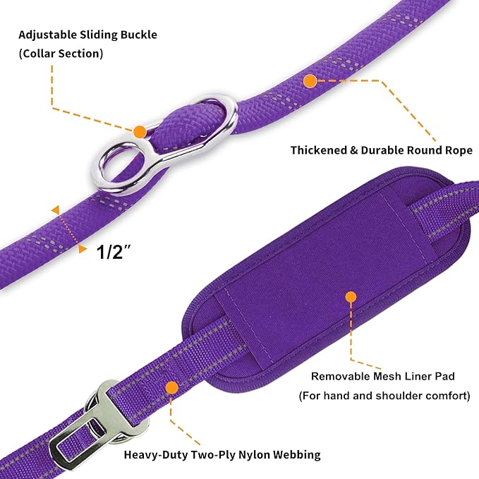 10FT Hands Free Dog Leash for Small Medium Large Dogs, Heavy Duty Reflective Dog Leash with Traffic Handle, Seat Belt Buckle & Poop Bag Holder (Purple)