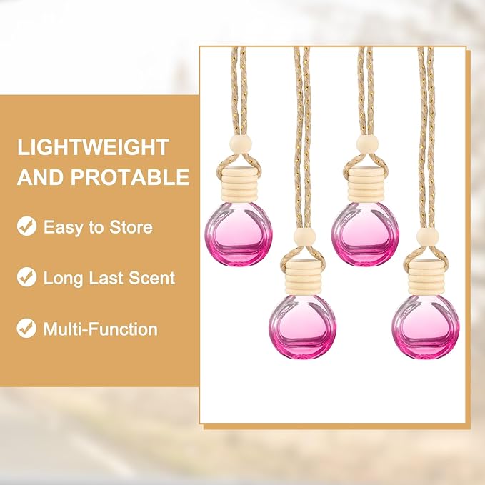 uxcell 8pcs Hanging Car Air Freshener Perfume Bottle, 10ml Pendant Empty Clear/Rose Red Glass Essential Oil Aromatherapy Diffuser with Wooden Cap for Car Decor (Clear/Rose Red, Round)