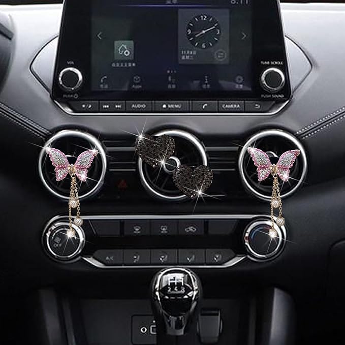 4 Pcs Pink Bling Butterfly and Heart Car Air Fresheners Vent Clips Diffuser Vent Clip Rhinestone Diamond Decoration Car Interior Decor Cute Accessories for Women, Automotive Air Fresheners (Black, 2)