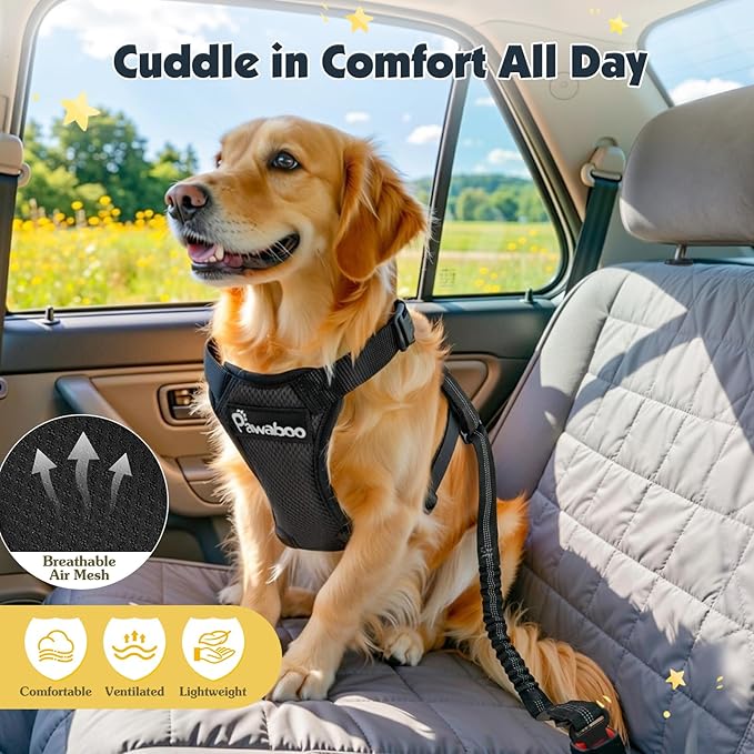 Pawaboo Dog Seat Belt Harness for Car, Dog Car Harness Seatbelt with Double Clips, Adjustable Breathable Pet Vest & Dogs Safety Tether with Elastic Bungee for Small Medium Large Pet, M, Black