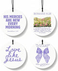 Purple Christian Round Car Air Freshener 4 Pcs, Coquette Pouple Bow Religious Hanging Air Freshener for Cars Closet Drawer Books, Christian Girly Car Accessories Mirror Decor for Women