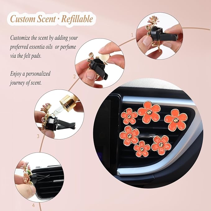 6pcs Flower Car Air Fresheners,Cute Orange Daisy Air Vent Clips Car Decor for Women,3.3cm/3cm/2.5cm Girly Flower Car Vent Clips,Refillable Clips on Diffuser