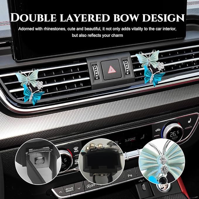 2PCS Car Air Vent Clips, Dual Butterfly Diamond Car Air Conditioner Outlet Vent Clip, Cute Car Diffuser Perfume Clip, Car Air Freshener Decor Accessories for Women Girl (Blue, Style 1)