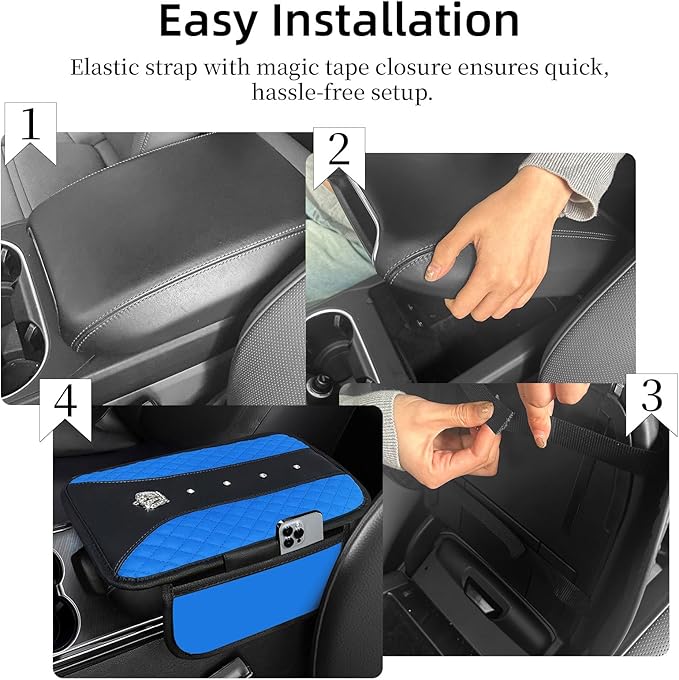 NBTEPEM Bling Crown Car Center Console Armrest Cover, Leather Middle Console Cover Cushion with 2 Storage Bags, Car Armrest Storage Box Interior Accessories for Most Vehicles(Blue)