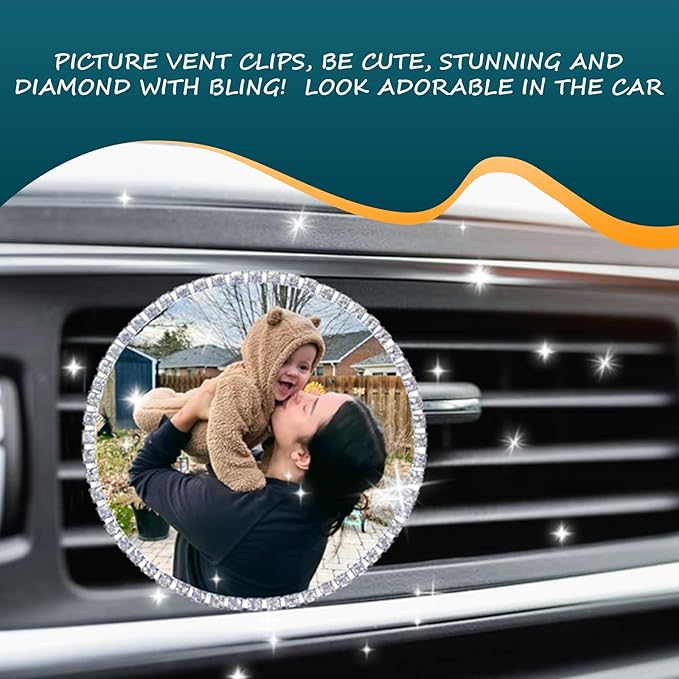 Custom Pictures Car Air Vent Clips, Personalized Rhinestone Photo Frame Air Fresheners Vent Clips, Car Decoration for Missing (Rhinestone-Bordered Circular)