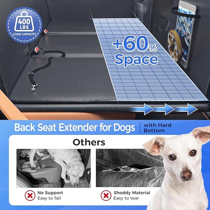 Back Seat Extender for Dogs, Hard Bottom Dog Car Seat Cover for Truck Back Seat, Upgraded PU Leather Dog Hammock for Car, Waterproof, Anti Scratch, Larger Space,（Holds 400lbs）