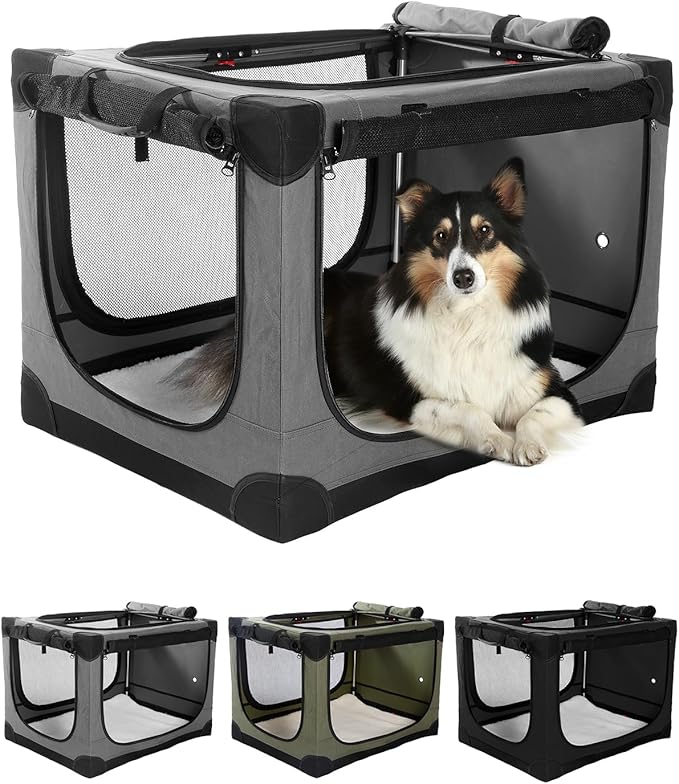 24" L x 17" W x 17" H Collapsible Travel Dog Crate, Portable Soft Dog Kennel for Small Medium Pets up to 30 lbs, 4-Door Foldable Travel Crate with Durable Mesh & Storage Bag, Grey