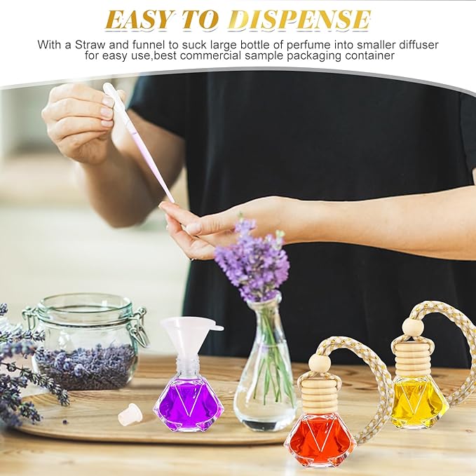 100 Pcs 8ml Hanging Car Air Freshener,Empty Clear Glass Essential Oil Diffuser Perfume Aromatherapy Pendant Bottle Vials Ornament Decor With Wooden Caps & Hanging String-Diamond Shape