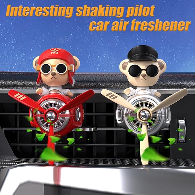 2Pcs Car Air Fresheners, Cute Bear Pilot Automotive Air Outlet Creative Car Perfume Diffuser, Automotive Accessories Air Vent Decoration with 8 Fragrant Tablets (Red 1+Silver 1)