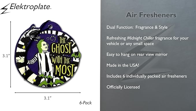 Elektroplate Officially Licensed Beetlejuice Ghost with the Most Automotive Air Fresheners for Vehicles | Midnight Chiller Scent (6-Pack) | Made in the USA