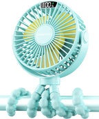 SWEETFULL Portable Stroller Fan with Display 4000mAh Battery Powered Mini Clip On Fan, 4-Speed Rechargeable Small Personal Cooling for Baby Car Seat Crib Travel - Cyan